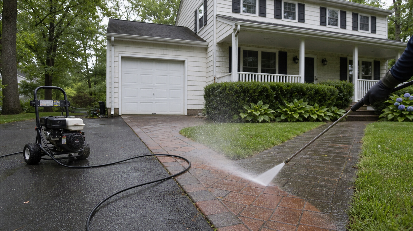 Power-washing job in progress on a paver walkway at a Bergen County, NJ home