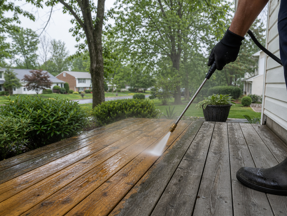 Power-washer wand cleaning a weathered cedar deck at a suburban Bergen County, NJ home