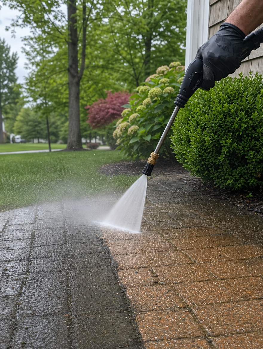 Power-washer wand mid-spray on a brick paver patio at a Bergen County, NJ home